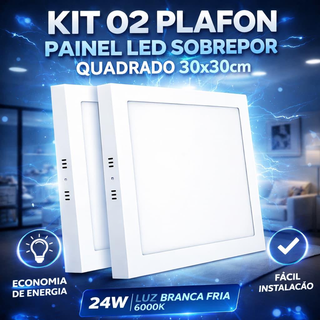 Kit 02 Plafon Painel LED Sobrepor Quadrado 30x30cm 24W 6000K