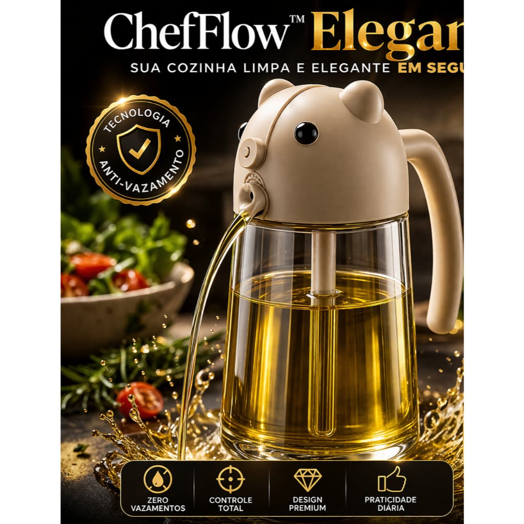 Galheteiro Automático Anti Vazamento 630ml ChefFlow™ Elegance Dispenser Azeite Óleo Vidro Premium Cozinha Organizada Sem