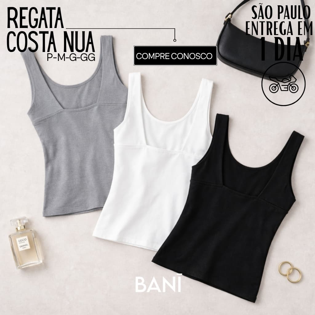 Regata Costa Nua Feminina Básica Frente Única Blusa Cropped Baby Tee Alça Grossa Casual