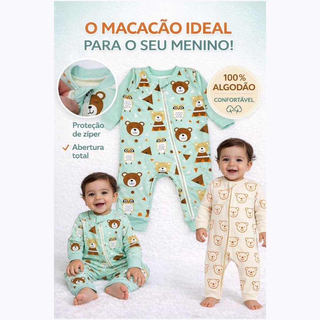 Macacão Bebê Inverno Menino Suedine Longo P ao GG