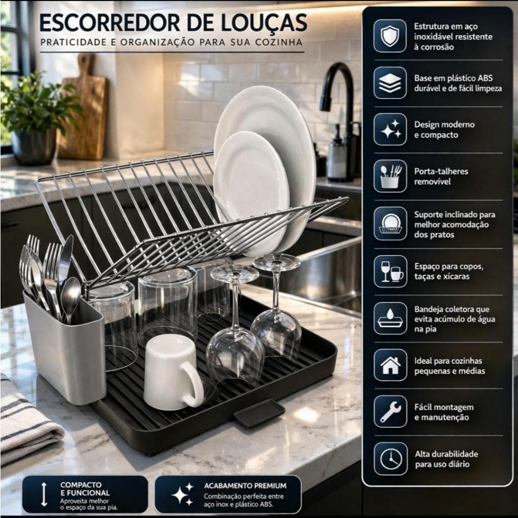 Escorredor de Pratos Metal com Porta Talheres Copos Pratos Panelas com Bandeja Coletora Cozinha Loça