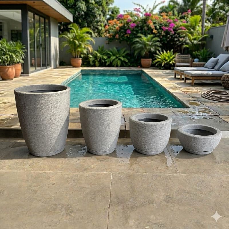 Kit 4 Vasos Cone Texturizados Planta Flor Polietileno Coluna Redonda N1 N2+ Bojo N1+Bacia N1 com Pratos