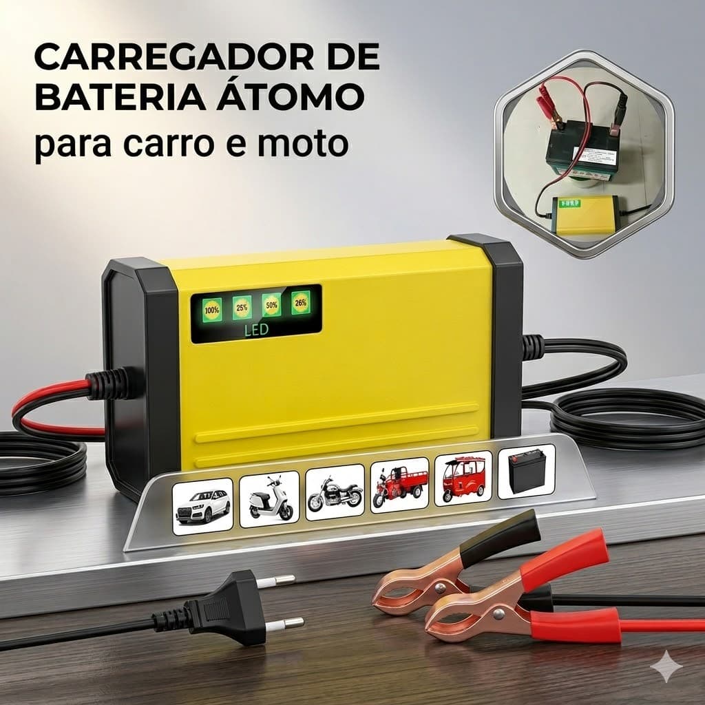 CARREGADOR DE BATERIA PORTATIL ÁTOMO  12V  BIVOLT 2A