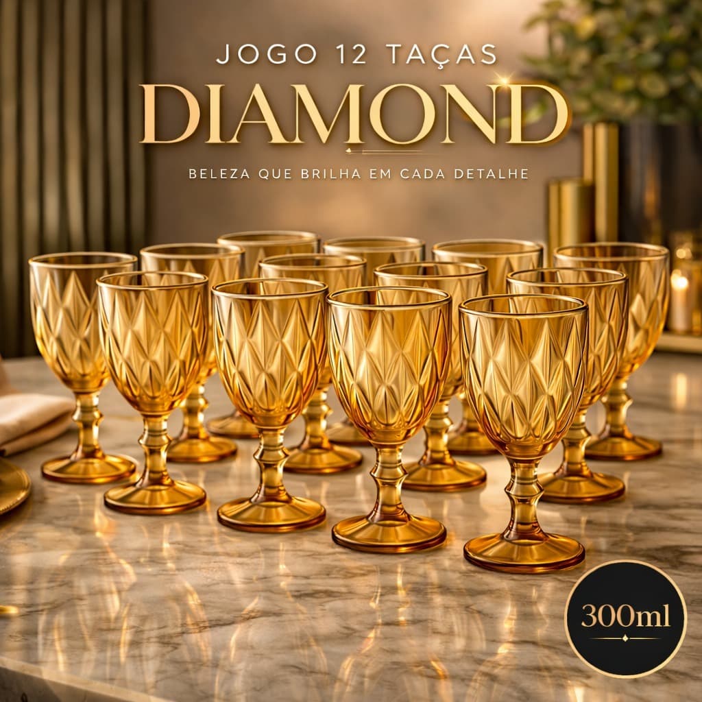 Jogo 12 Taças Diamond Âmbar Verde Azul 300ml Vidro Elegante Sofisticado Copo Moderno