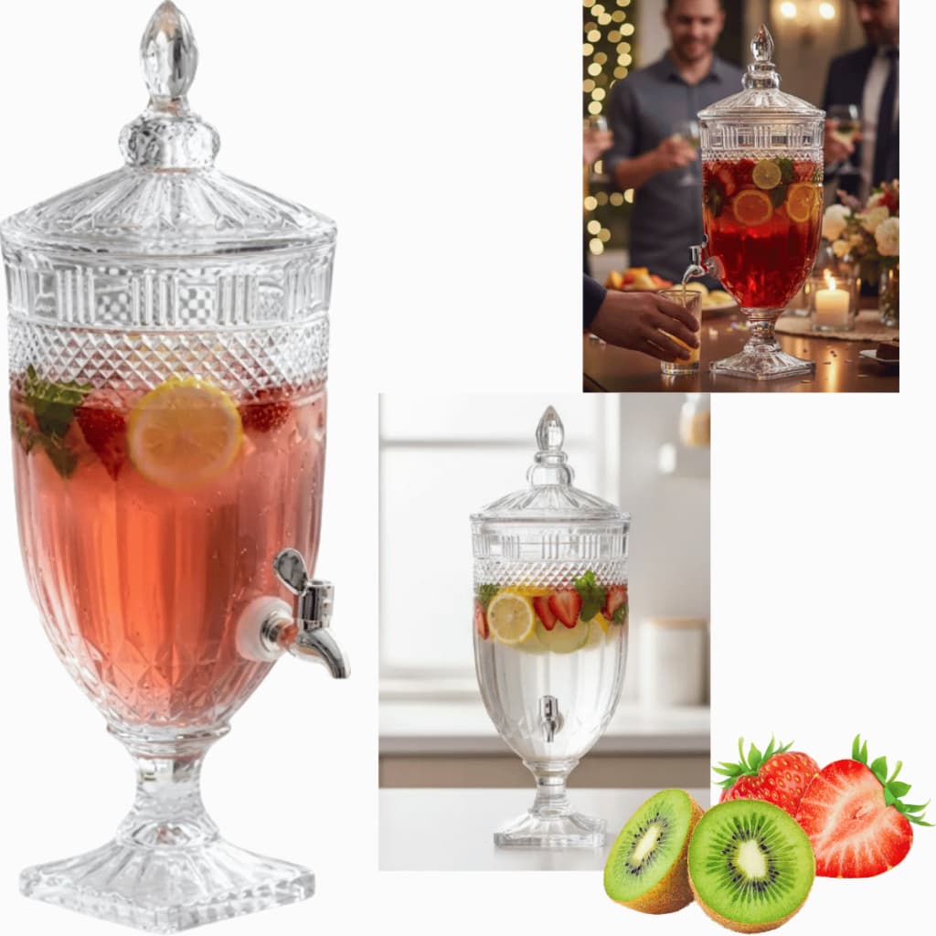 Suqueira Vidro Cristal 3L Dispenser Bebidas Suco Drinks Água Saborizada Eventos Buffet Mesa Luxo