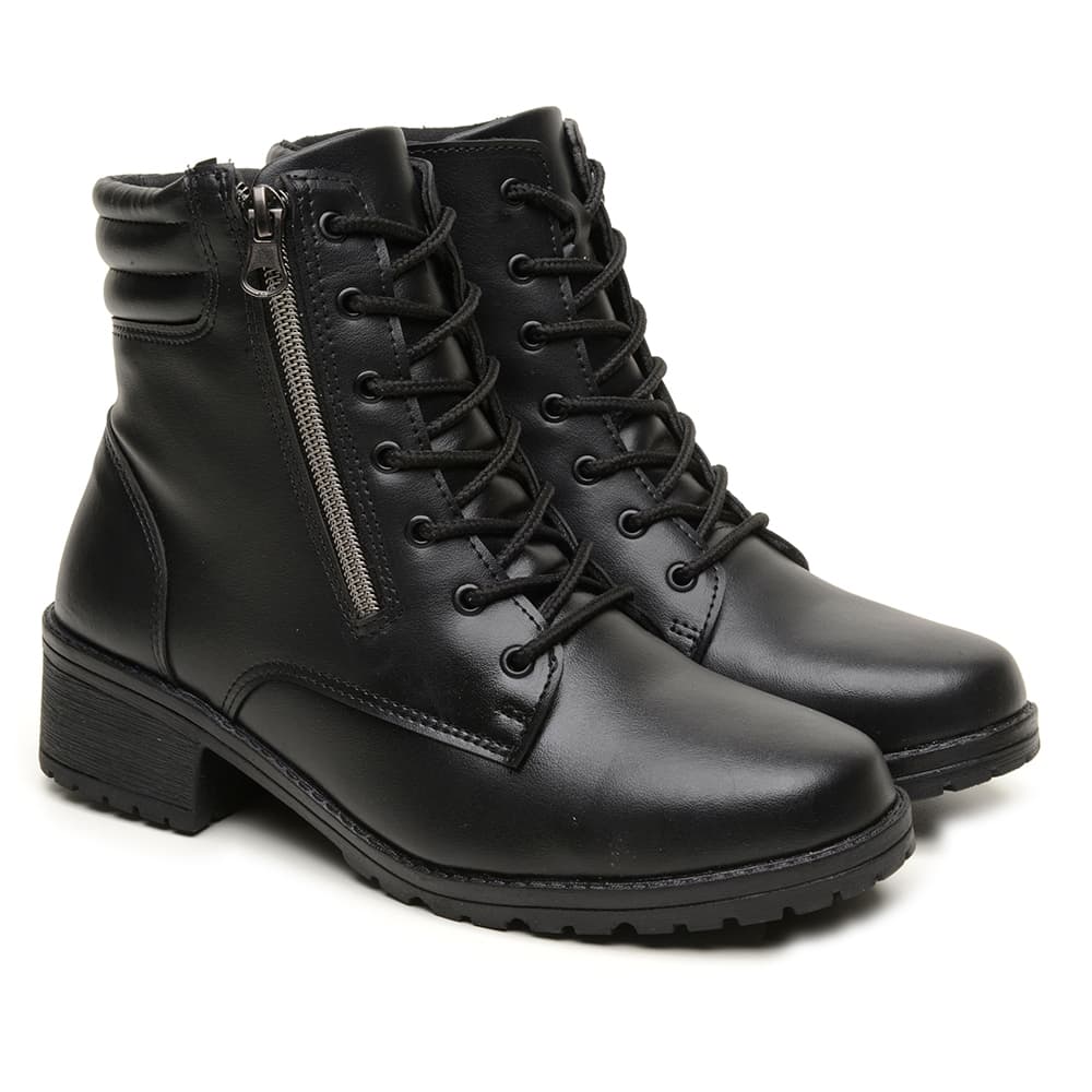 Bota Coturno Feminino Tratorado com Zíper Lateral Confortável Sapato Botina Cano Curto Preto Marrom