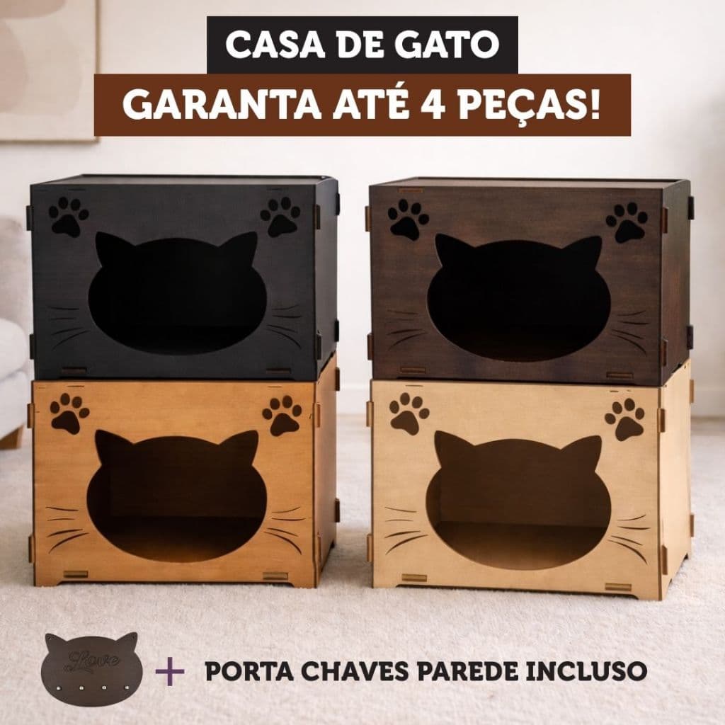Casa De Gato MDF Nicho Playground Empilhavel 4 Unidades Kit Porta Chaves Preto Marrom Cru Caramelo