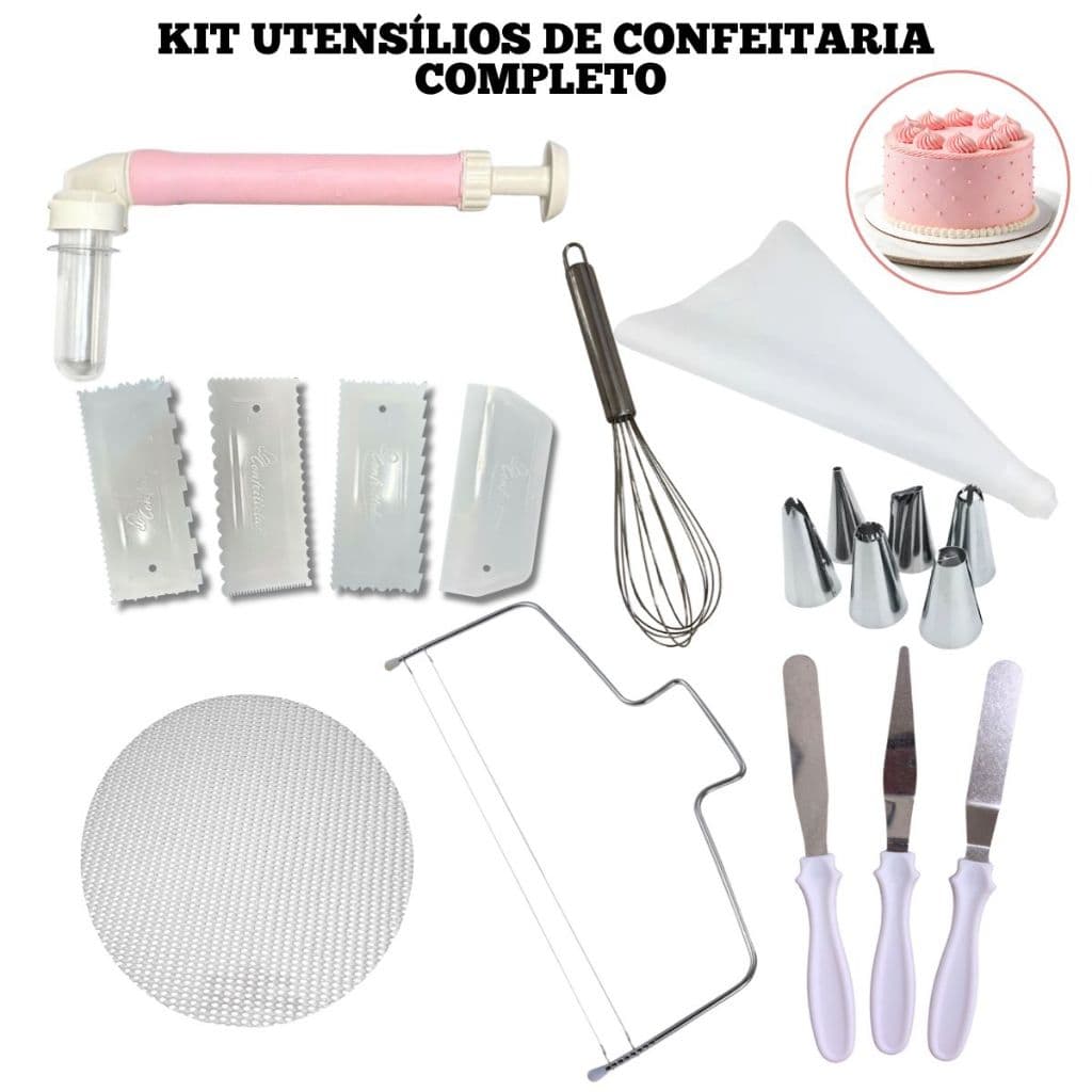 Kit 19 Utensílios para Confeitaria Completo Espátulas Inox Raspador Nivelador Bicos Saco Fuê
