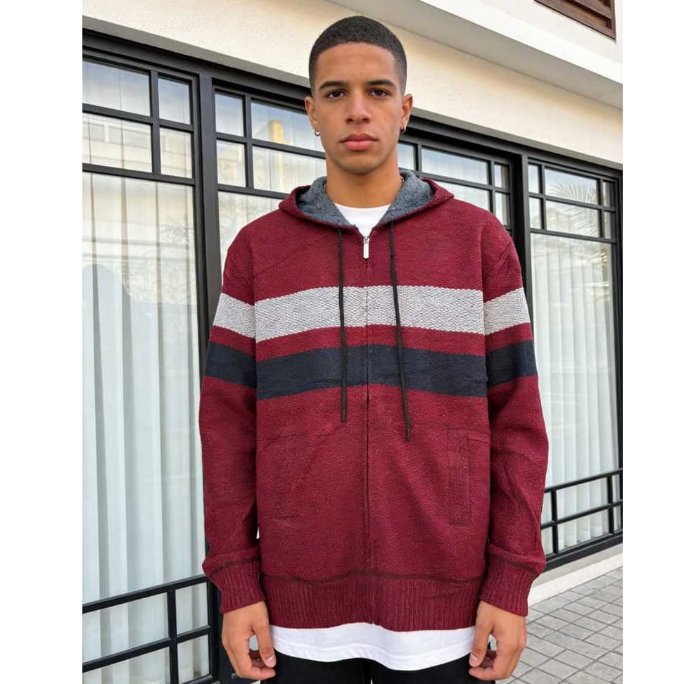 Blusa Masculina Casual Listrada com Capuz Tricot Quente Confortável Moda Outono Inverno