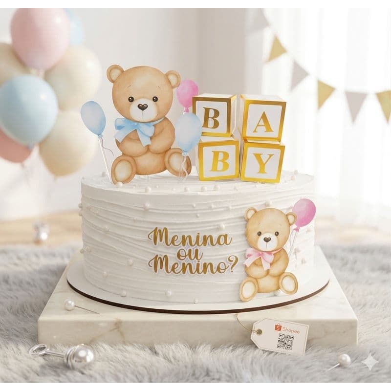 Topo De Bolo Chá Revelação Ursinho Ursinha Topper Menina Ou Menino Luxo CUBO chá de bebê LEMBRANCINHA PERSONALIZADA