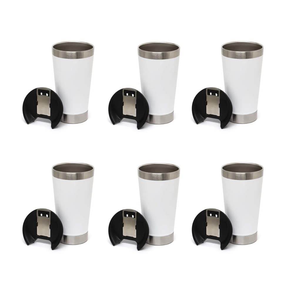 Kit 6 Copos Térmico De Cerveja Café Aço Inox 473ml Com Tampa Branco