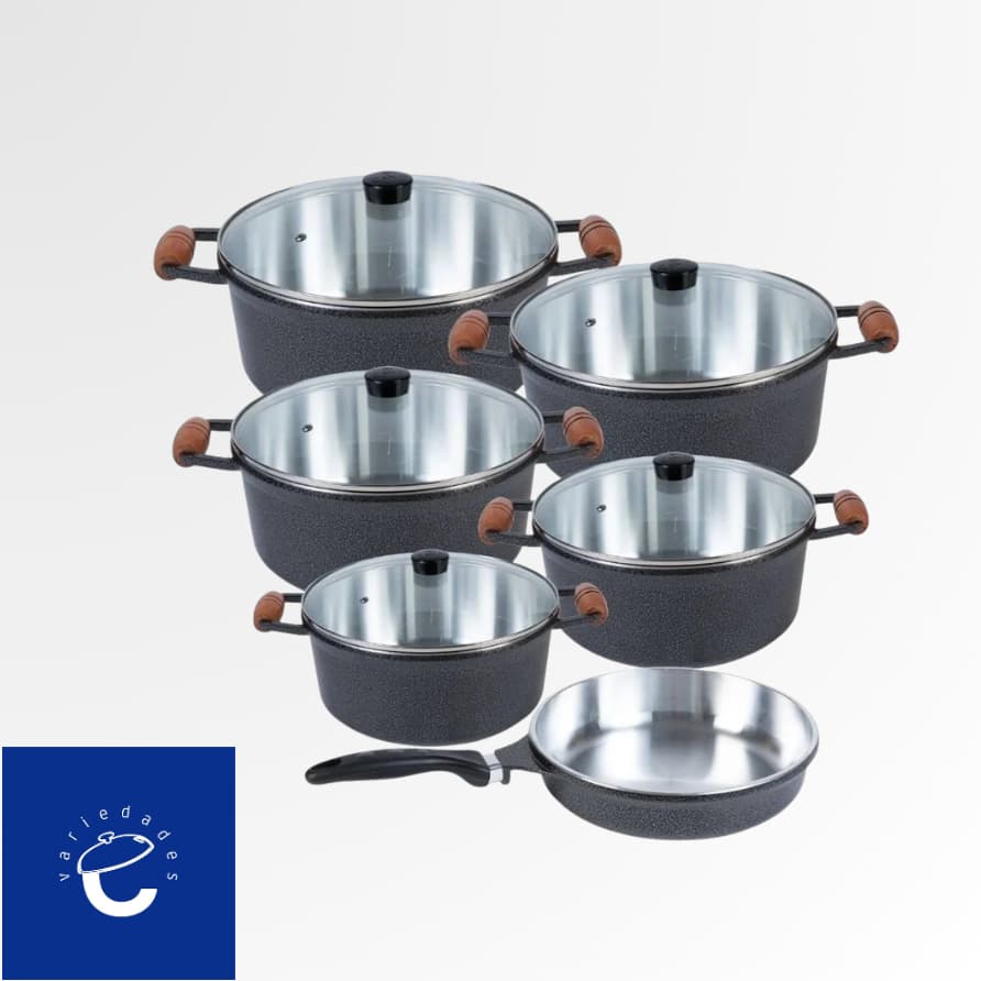 KIT JOGO DE 5 PANELAS CAVA CABO DE MADEIRA + 1 FRIGIDEIRA CAVA - CRAQUEADO TAMPA DE VIDRO