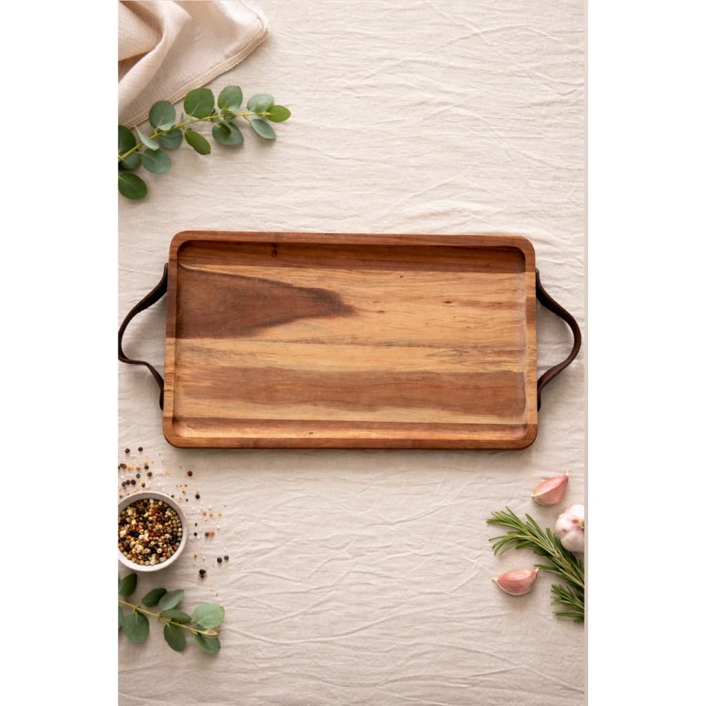 Bandeja com alça couro acácia wood (madeira), Mimo Style 35x207x1,6 cm