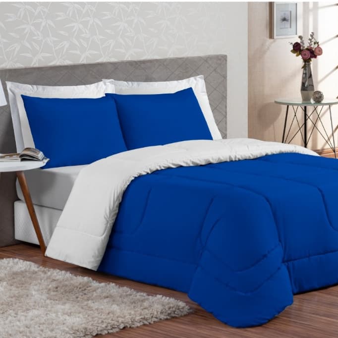 Kit edredon ternura queen + lençol 6 peças azul/ branco