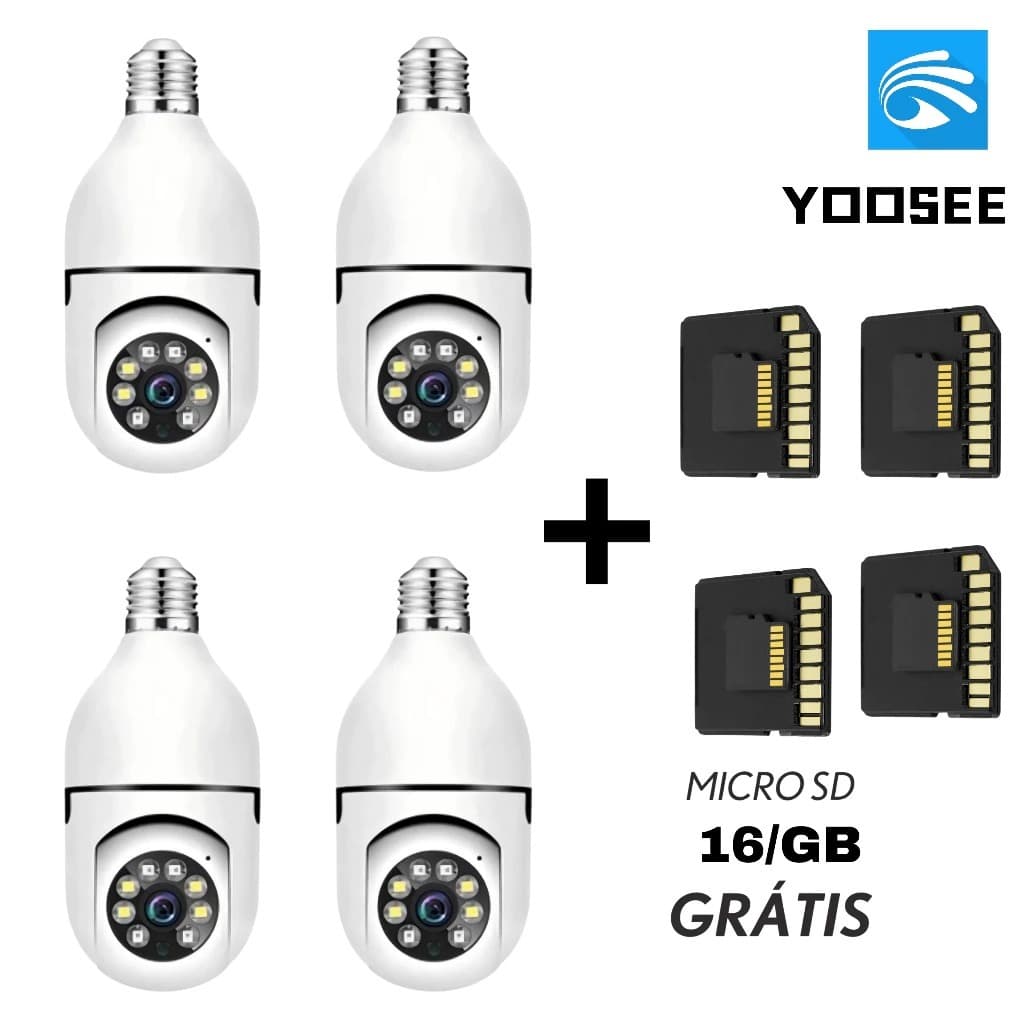 KIT4 Câmera WiFi IP Sem Fio Giratória 360 Encaixe lampada Bocal Rosca PTZ Visão Noturna+MICROSD 16GB
