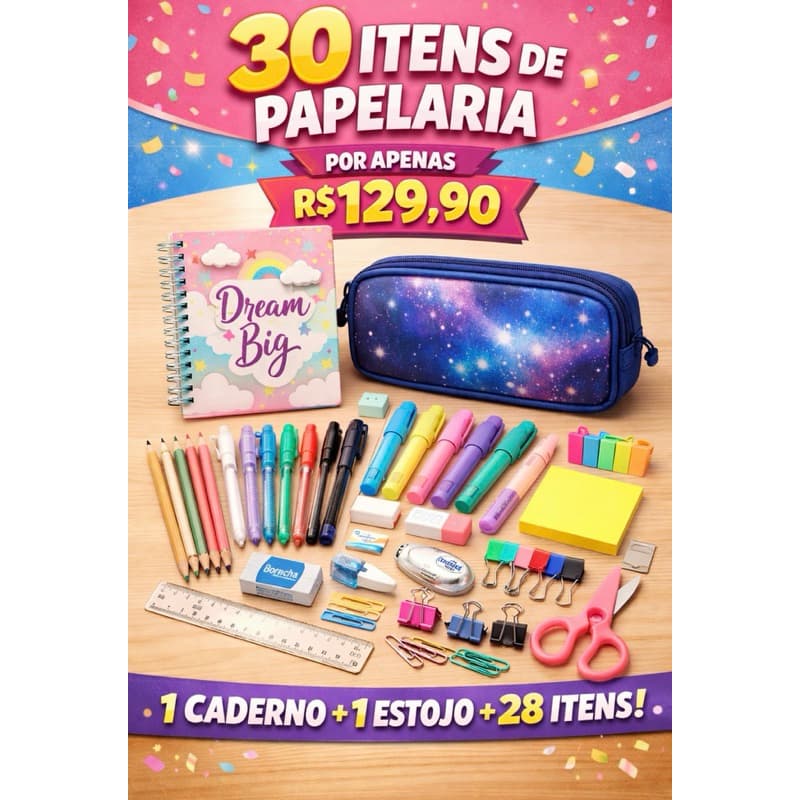 ✨ KIT PAPELARIA FOFA COMPLETO – 30 ITENS ✨