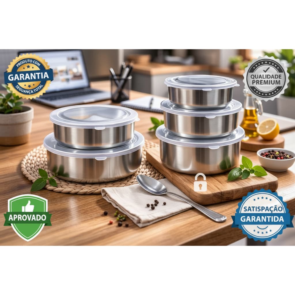 🍱 Kit 5 Potes Herméticos Inox Redondos com Tampa Conservação Alimentos Pote Inox Cozinha Geladeira Comida
