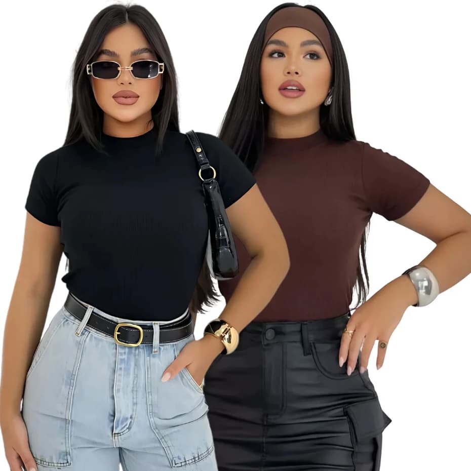 KIT 2 Blusa Básica Ribana Canelado Premium Casual Moda Gringa Basico Camiseta T-Shirt