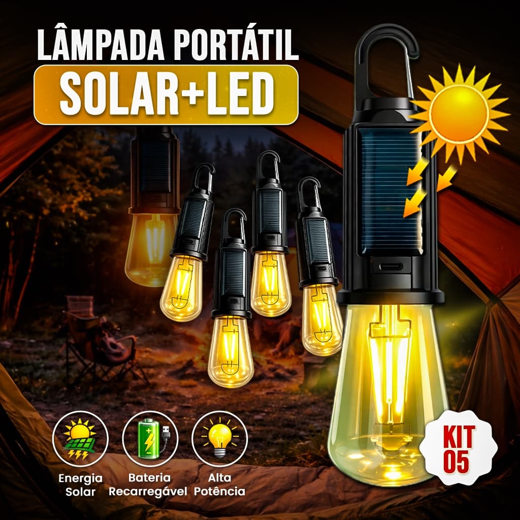 Lâmpada Solar LED Portátil Recarregável KIT 5 ou KIT 10 USB-C 3 Modo De Branco Quente Resistente