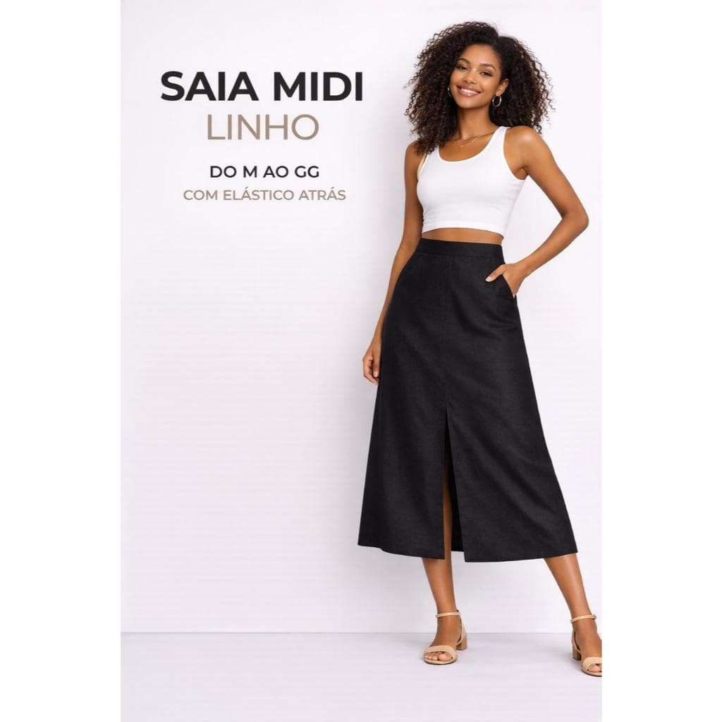 Saia Midi Linho Saia Fenda e Bolso Cintura Alta com Elástico Atras Moda 2026 Veste do M ao GG