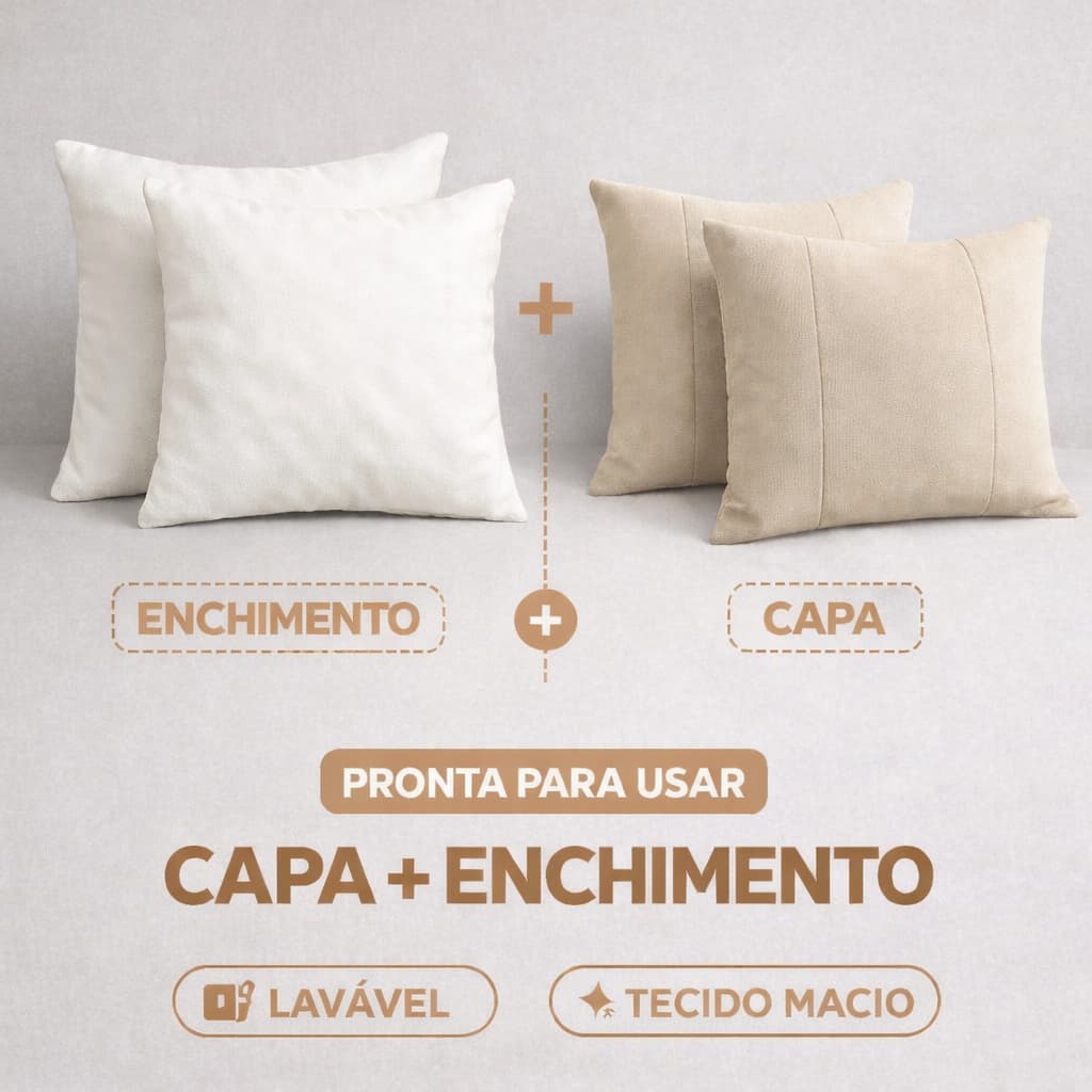 Kit 2 Capas De Almofada Com Recorte + Enchimento 45x45cm Antialérgico Tecido Suede Zíper Invisível