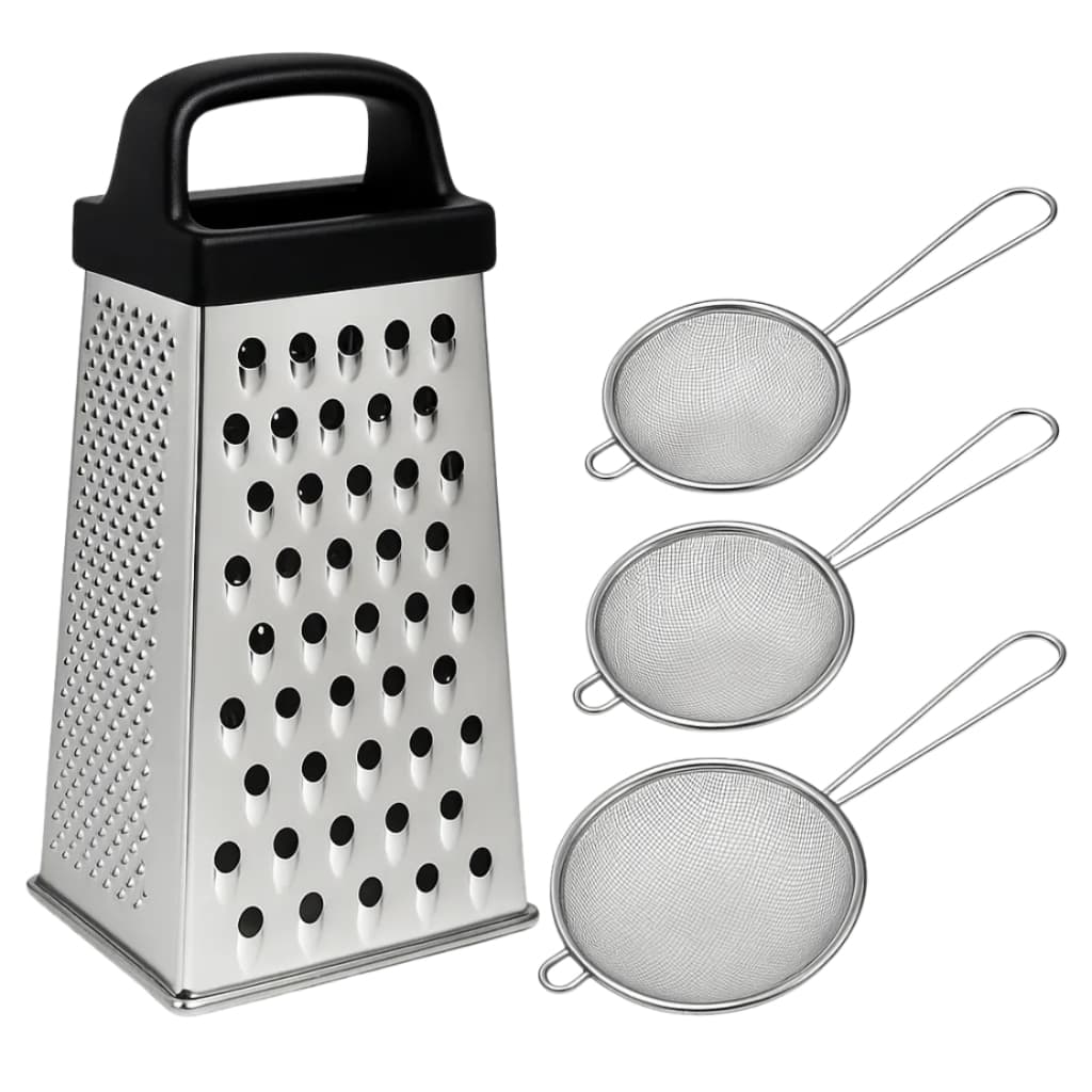 Kit Ralador 4 Faces + Jogo Peneiras 8/10/12cm Inox Utensílios Cozinha