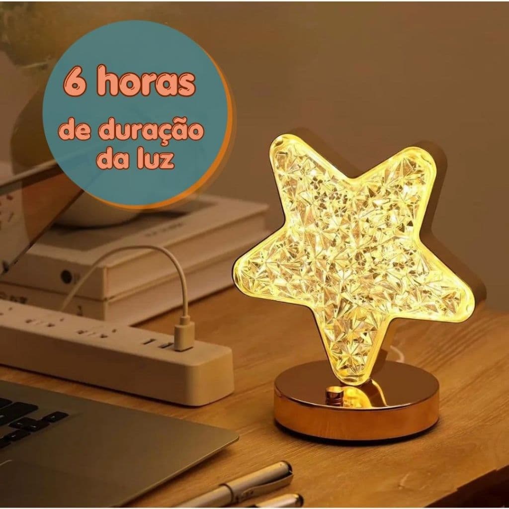 Luminária LED Decorativa USB Recarregável Estrela Lua Quarto Mesa Abajur Toque Iluminação