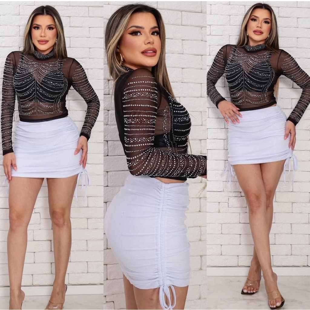 Cropped blusa tuli blusinha femenino manga longa pedraria transparente brilho strass