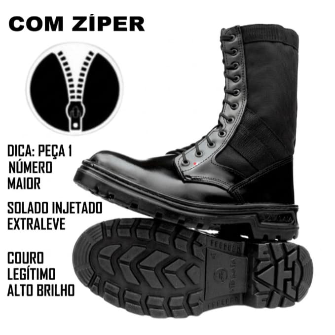 COTURNO MILITAR ATALAIA EXTRA LEVE ALTO BRILHO PRETO COM ZÍPER