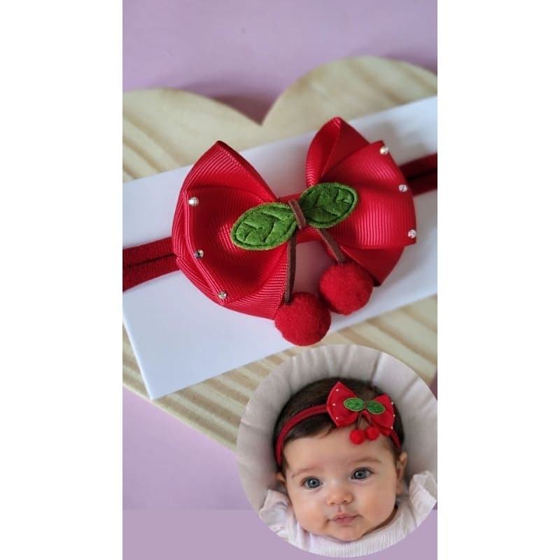 Faixa Bebê cerejinha Luxo  Meia de Seda Super  Macia Não Aperta confortável Recém- Nascida Ensaio Festa Tiara Infantil