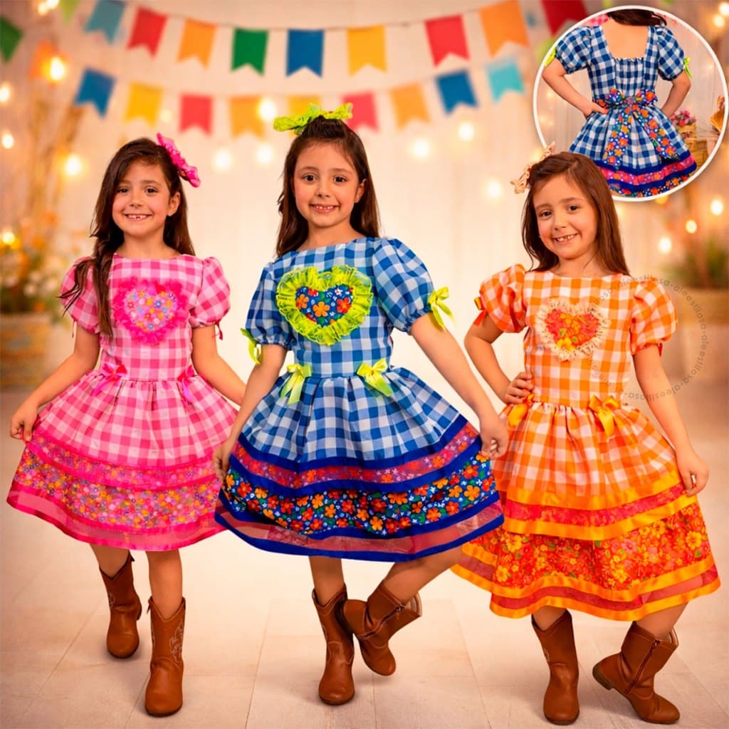 Vestido Menina Infantil Xadrez Caipira São João Quadrilha Colorido Tam 2 ao 10