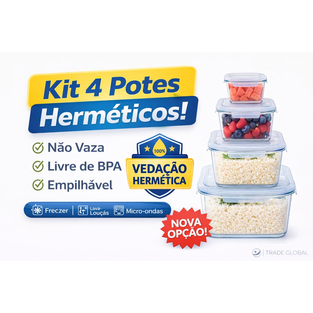 CONJUNTO 4 POTES DE VIDRO COM TAMPA HERMÁTICA BIGOOHOME MICROONDAS, FORNO E LAVA LOUÇAS