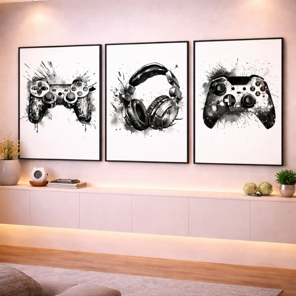 Quadro Decorativo Gamer Fone Controle Preto Branco Quarto HD 3 peças