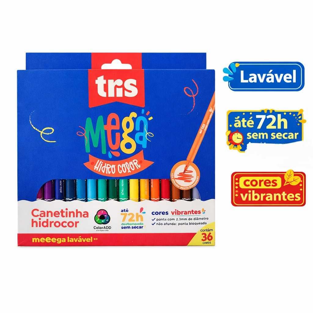 Canetinhas Hidrográficas Mega Hidro Color Lavável 12 e 36 Tris Infatil Escolar Desenho