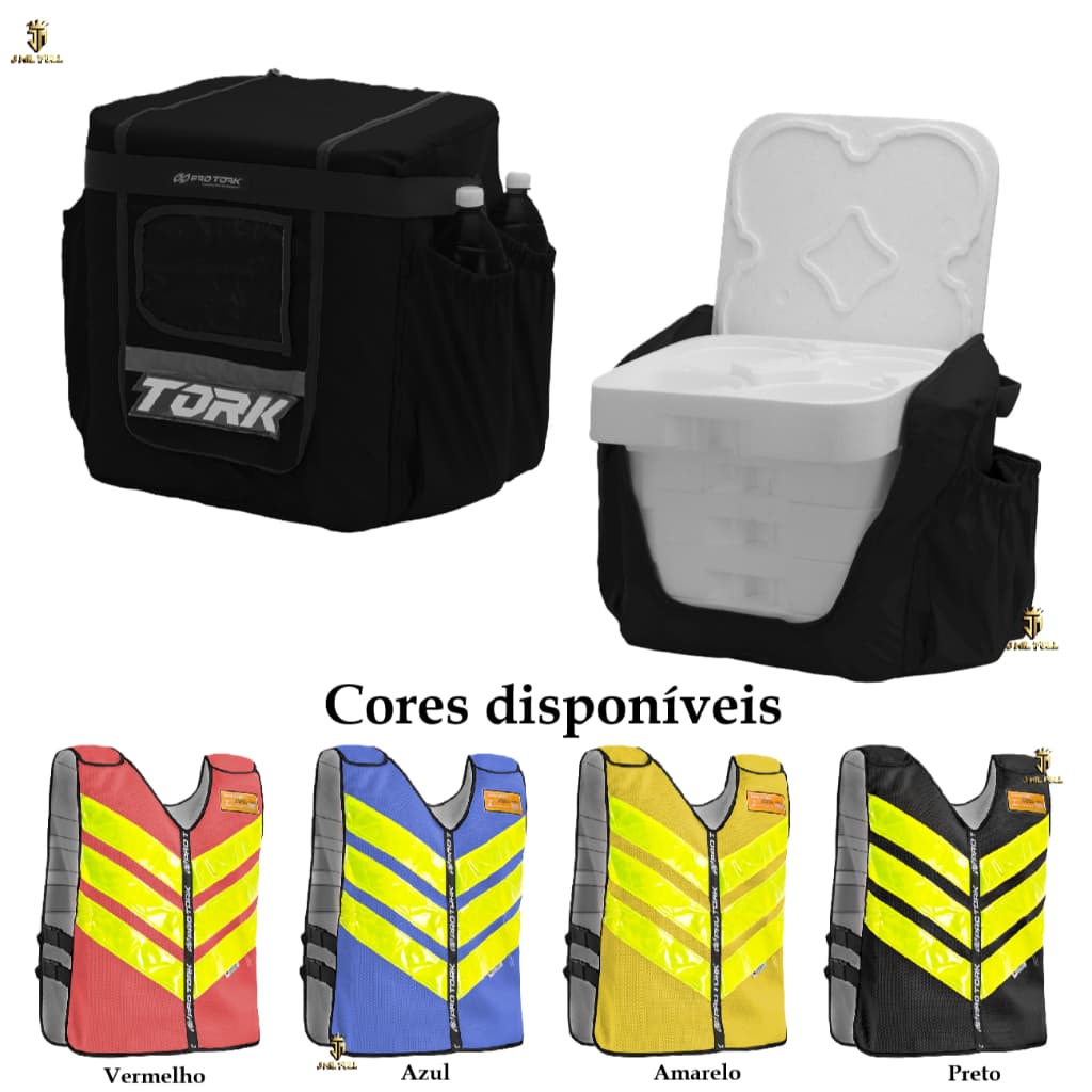 Kit Motoboy Pro Tork Mochila Térmica 20 Marmitas Preta + Colete Refletivo Varias Cores