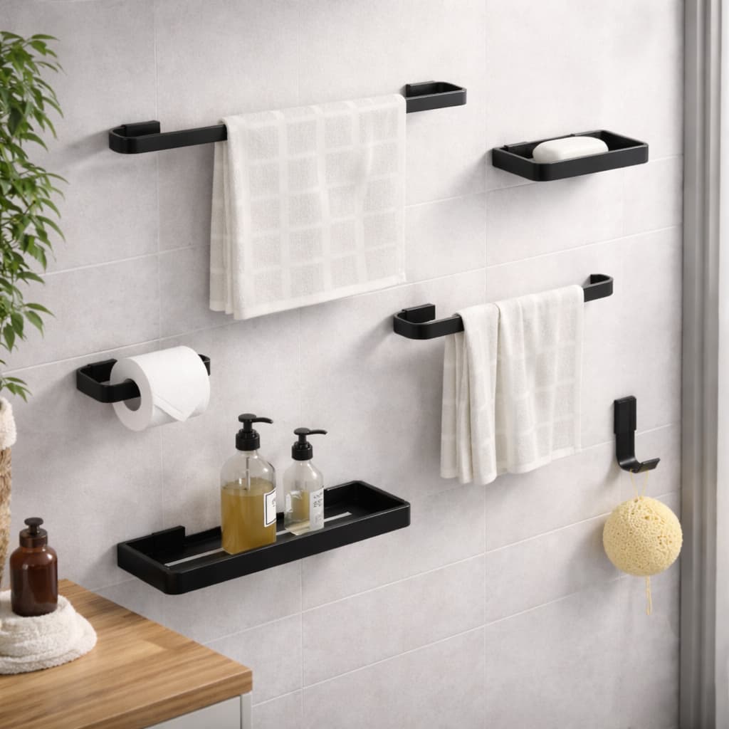 Kit Suporte Acessórios Para Banheiro 6 Peças - Porta Toalha Porta papel Saboneteira Porta Shampoo - Preto Fosco Luxo
