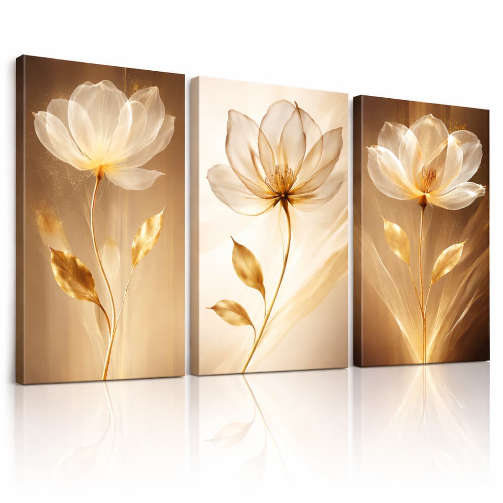 Quadro Decorativo Sala Quarto Kit 3 Peças Flores Douradas Boho Chic Moderno Mdf 3D Luxo Painel Grande Envio Rápido