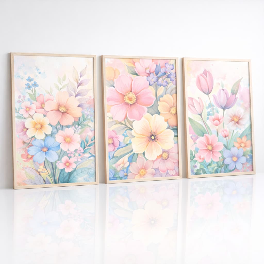 Kit 3 Quadros Decorativos Florais Aquarela Boho Chic Sala Quarto Placas Decorativas Modernas Natureza Kit Mosaico Grande