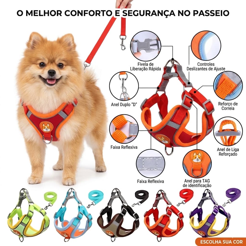 Colete Pet Peitoral Ajustável Ergonômico com Guia e Refletivo
