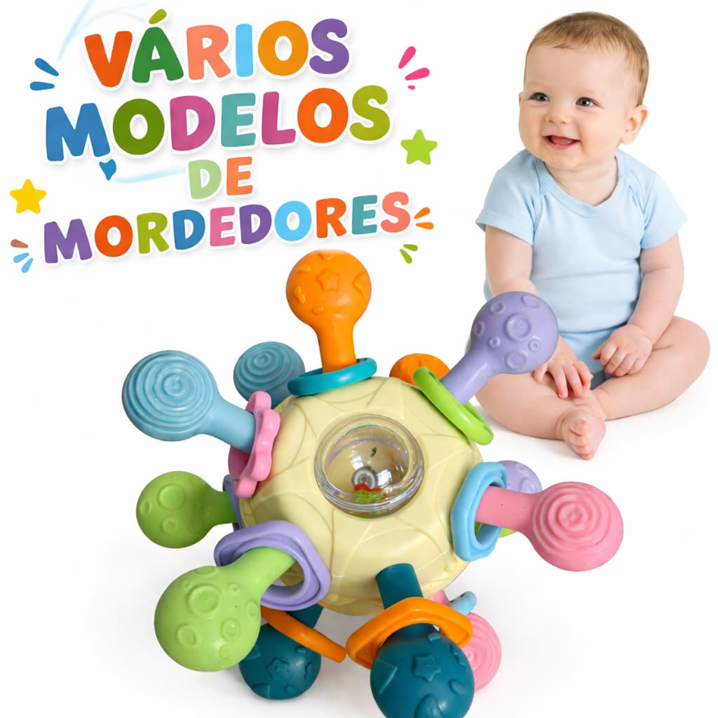 Mordedor Infantil 12 Pontas Texturizadas Dentição Chocalho Som Silicone