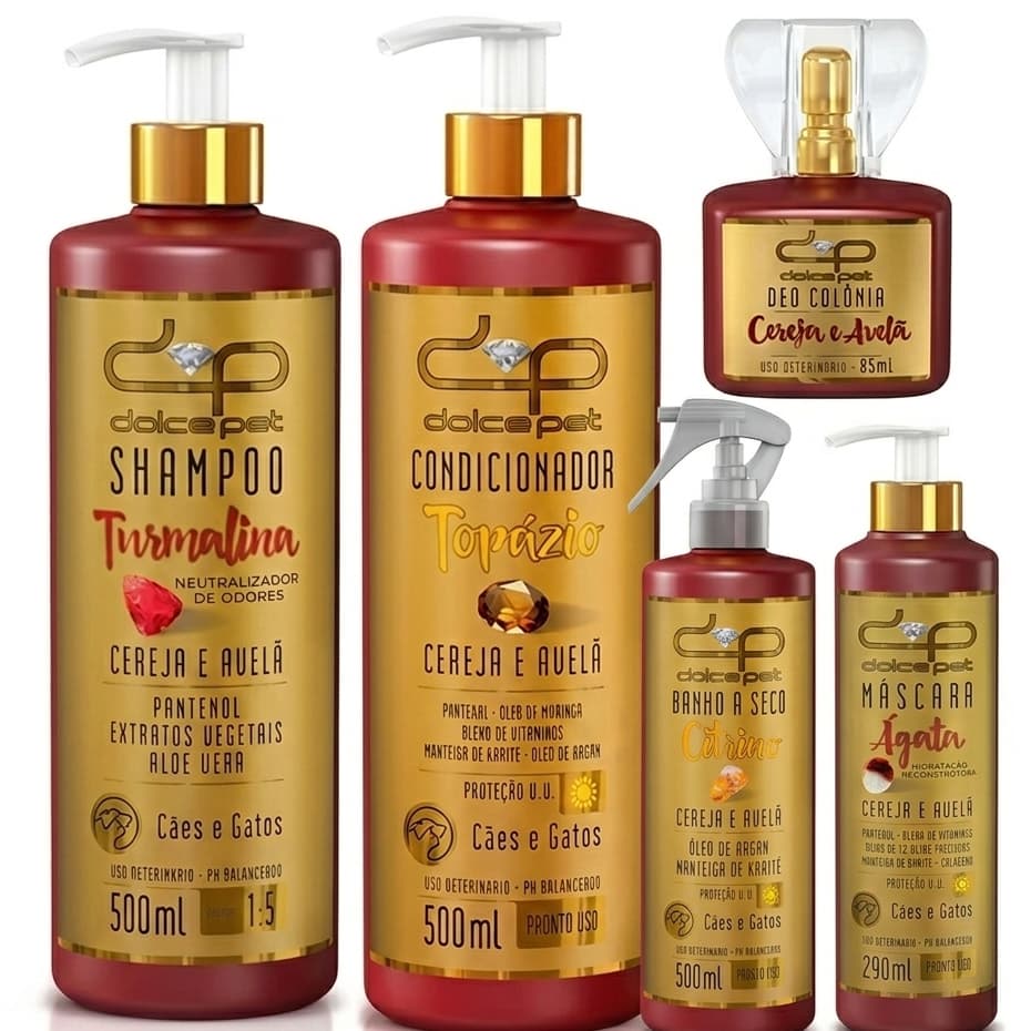 Kit Completo Dolce Pet Cereja e Avelã Profissional: Shampoo + Condicionador + Máscara + Colônia + Banho Seco