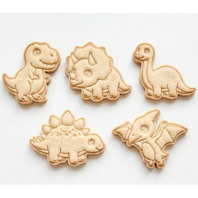 kit 5 cortadores de biscoitos dinossauro infantil com puxador carimbo, molde pasta americana,massinhas, massas