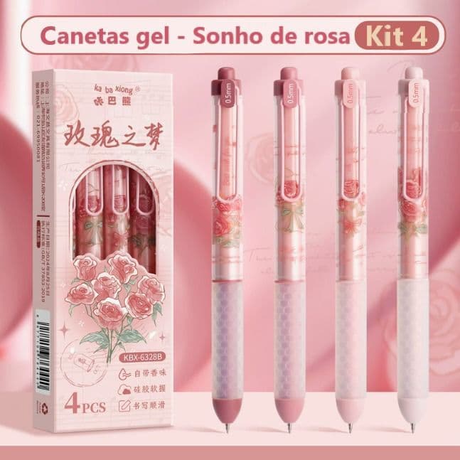 Kit 4 Canetas Gel Retrátil 0.5mm Escrita Suave Escolar Fofa Premium WJ-7