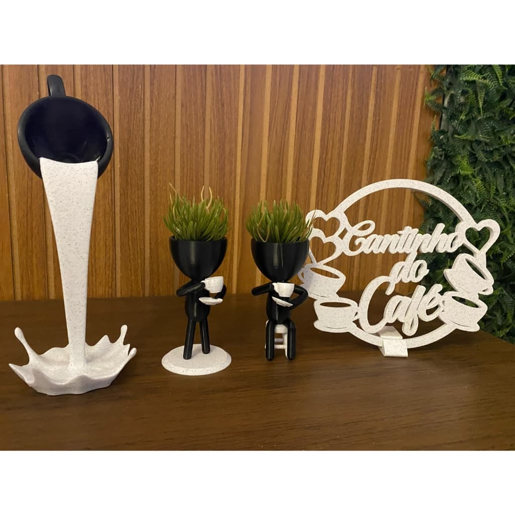 kit cantinho do café com xícara flutuante e bob com plantas artificial