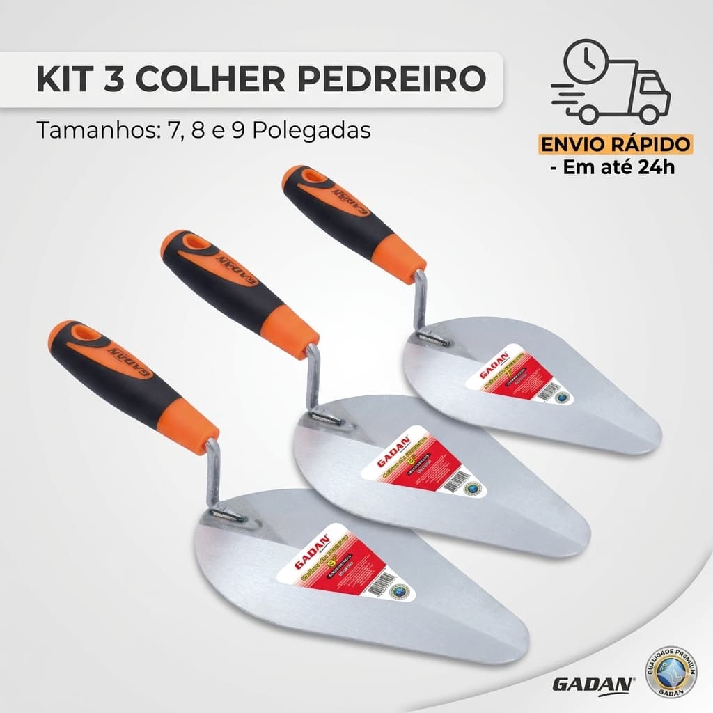 Colher de Pedreiro Profissional 7", 8" e 9" Gadan Cabo Emborrachado Alta Resistência
