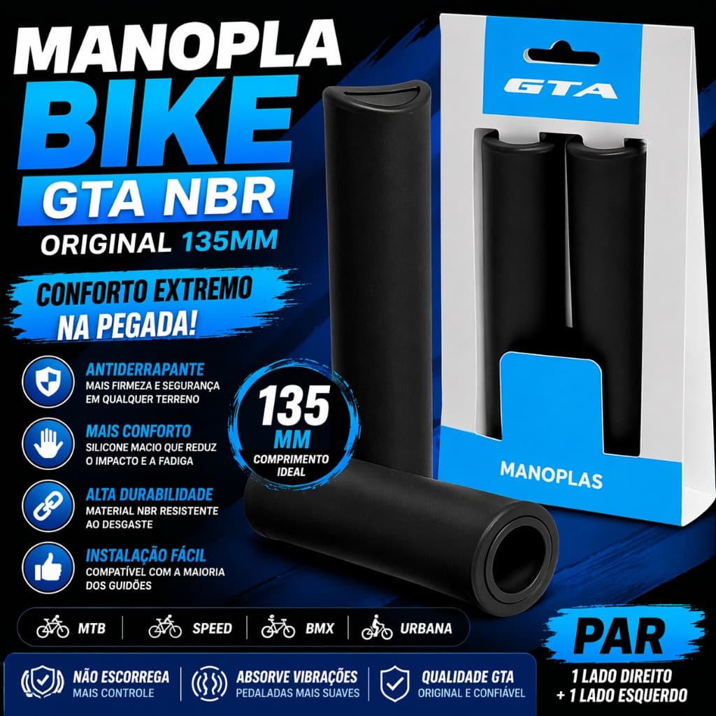 Manopla Bike Silicone GTA NBR 135mm Preta Antiderrapante Confortável MTB Speed BMX Par Original