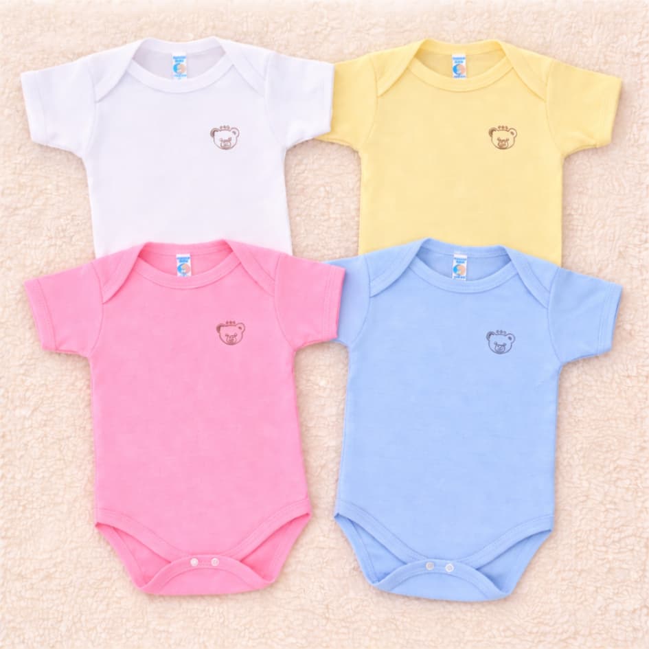 Kit 4 Body Infantil Manga Curta Unissex 100% Algodão Estampado Cores Variadas Confortável e Macio