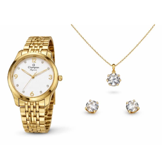 Kit Relógio Feminino Prova d´agua Analógico Dourado colar e brinco redondo Champion cn25341w