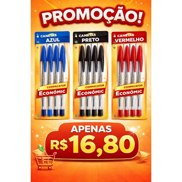 Kit 12 Canetas Esferográficas Compactor Ponta Média Azul, Preta ou Vermelha Econômica