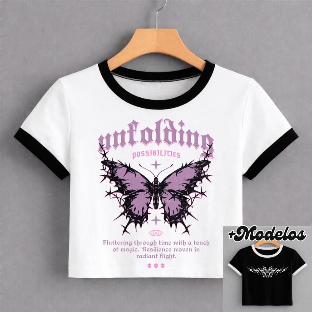 BABY TEE Feminina, Modelo BORBOLETA TRIBAL, Cropped Camiseta - Estilo Alternativa Y2K Blogueira Streetwear Tumblr